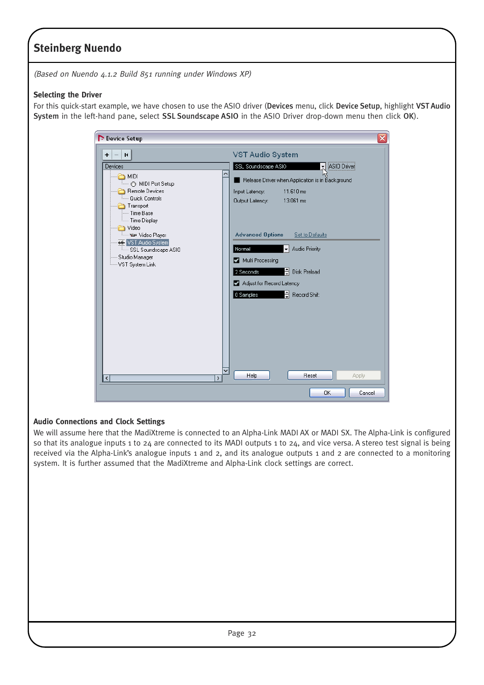 Steinberg nuendo, Selecting the driver, Audio connections and clock settings | Solid State Logic Multichannel Digital Audio Interface MadiXtreme User Manual | Page 38 / 52