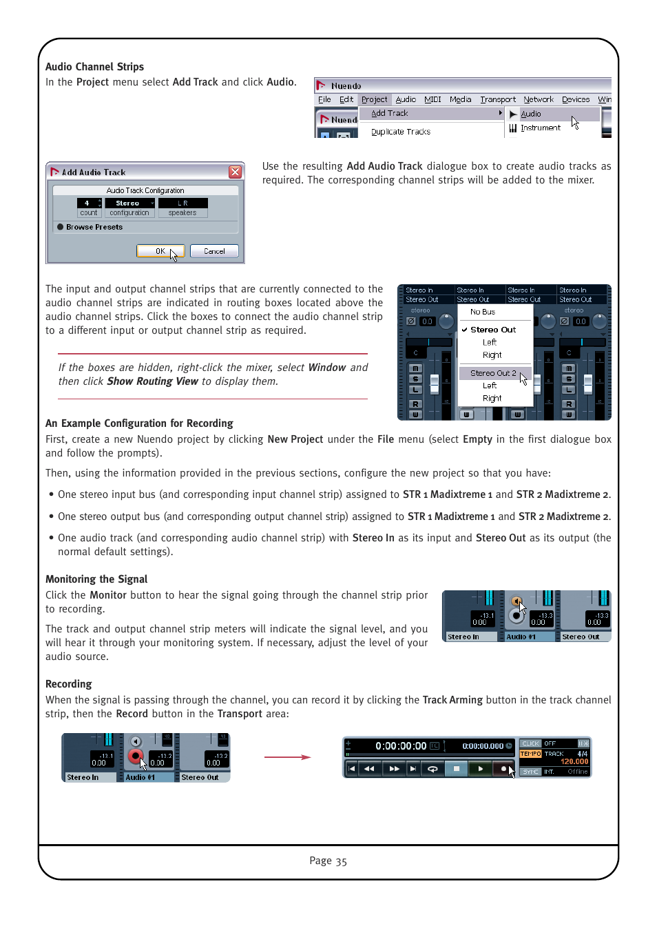Audio channel strips, An example configuration for recording, Monitoring the signal | Recording | Solid State Logic Multichannel Digital Audio Interface MadiXtreme User Manual | Page 41 / 52