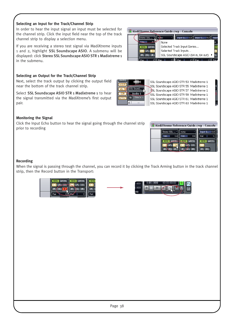 Selecting an input for the track/channel strip, Selecting an output for the track/channel strip, Monitoring the signal | Recording | Solid State Logic Multichannel Digital Audio Interface MadiXtreme User Manual | Page 44 / 52