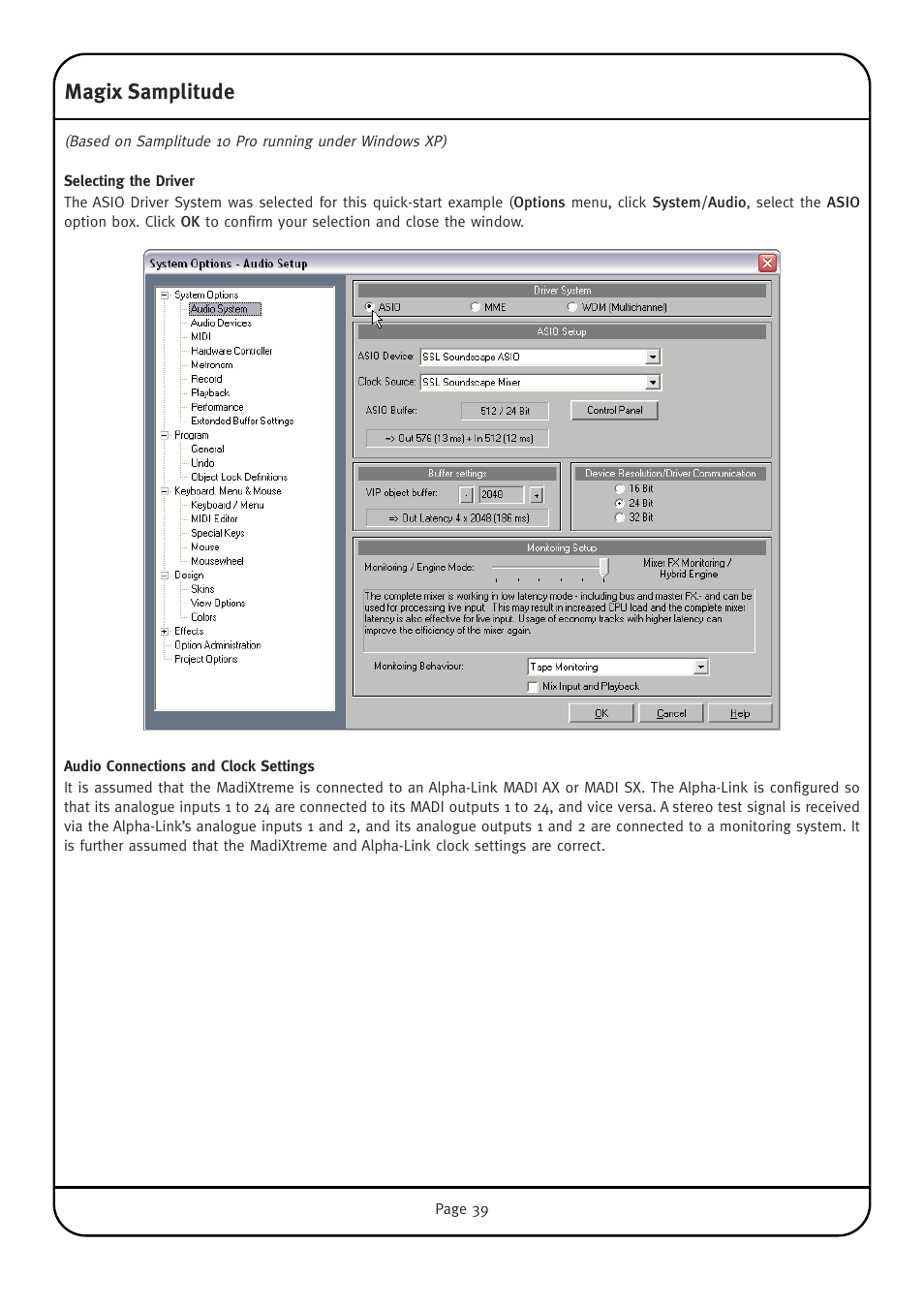 Magix samplitude, Selecting the driver, Audio connections and clock settings | Solid State Logic Multichannel Digital Audio Interface MadiXtreme User Manual | Page 45 / 52