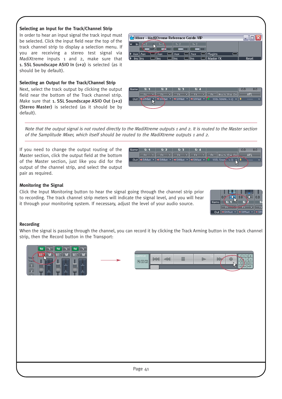 Selecting an input for the track/channel strip, Selecting an output for the track/channel strip, Monitoring the signal | Recording | Solid State Logic Multichannel Digital Audio Interface MadiXtreme User Manual | Page 47 / 52
