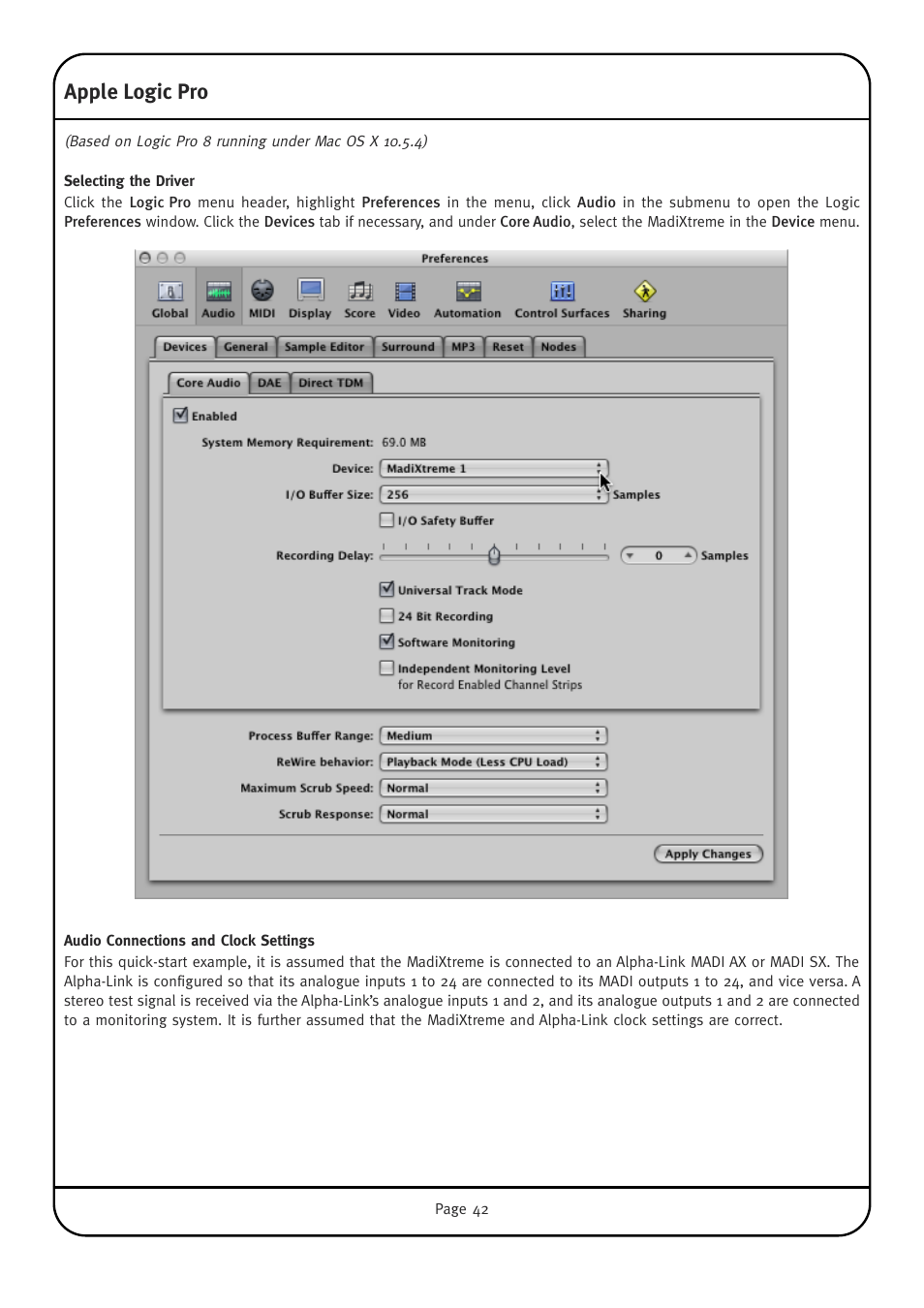 Apple logic pro, Selecting the driver, Audio connections and clock settings | Solid State Logic Multichannel Digital Audio Interface MadiXtreme User Manual | Page 48 / 52