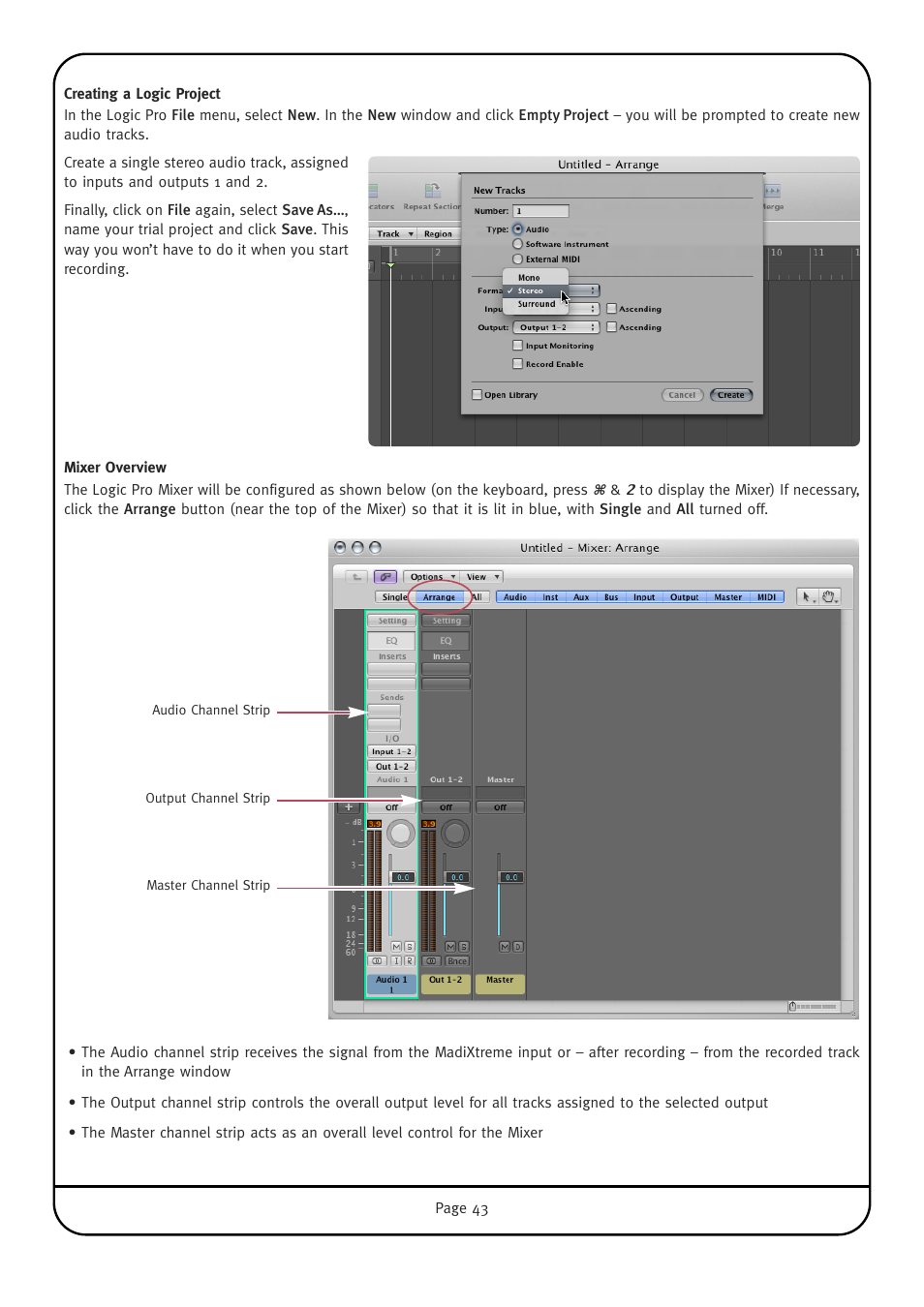 Creating a logic project, Mixer overview | Solid State Logic Multichannel Digital Audio Interface MadiXtreme User Manual | Page 49 / 52