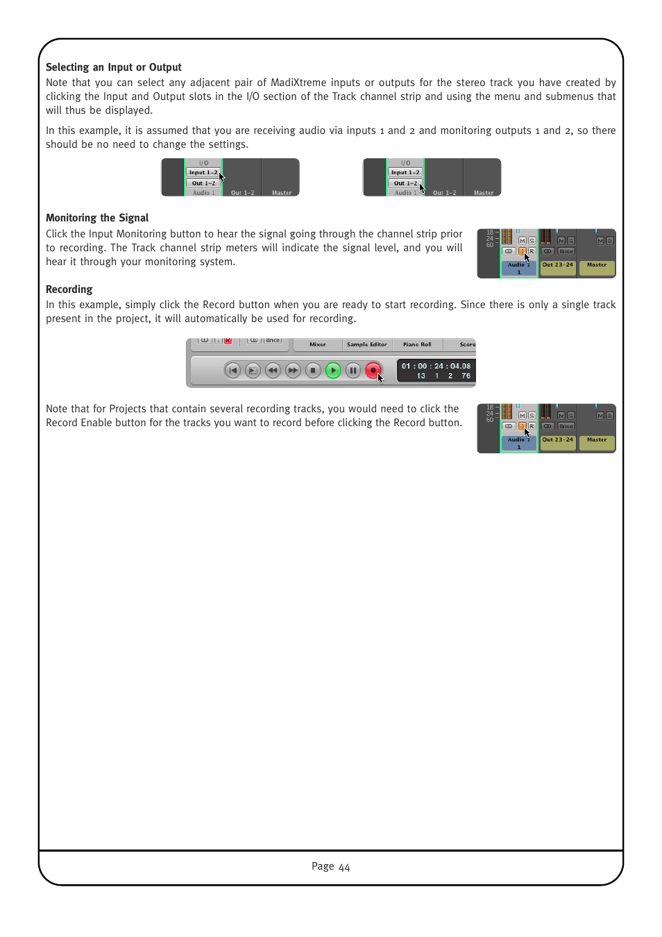 Selecting an input or output, Monitoring the signal, Recording | Solid State Logic Multichannel Digital Audio Interface MadiXtreme User Manual | Page 50 / 52