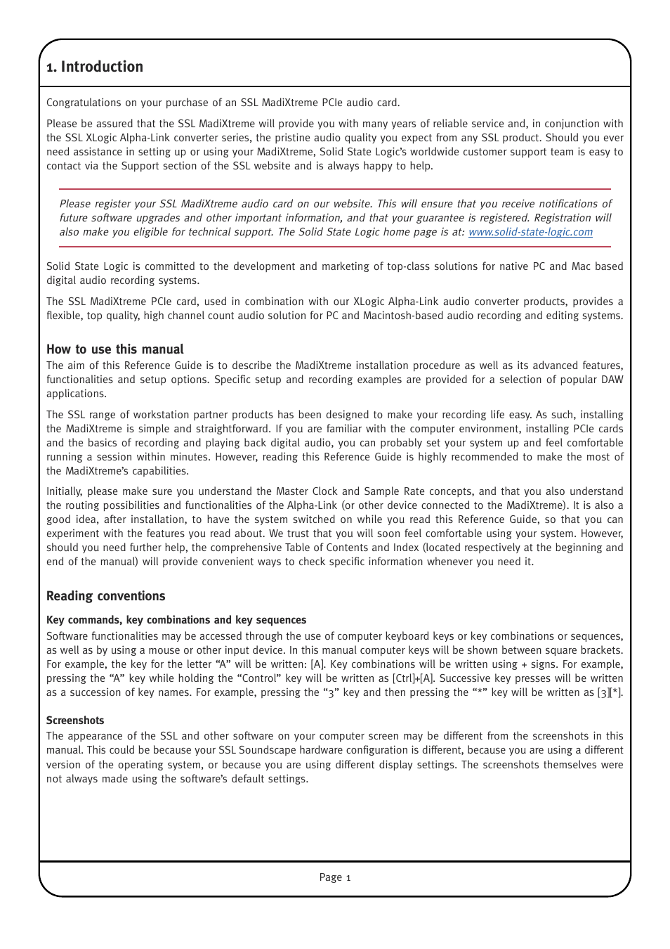 Introduction, How to use this manual, Reading conventions | Key commands, key combinations and key sequences, Screenshots | Solid State Logic Multichannel Digital Audio Interface MadiXtreme User Manual | Page 7 / 52