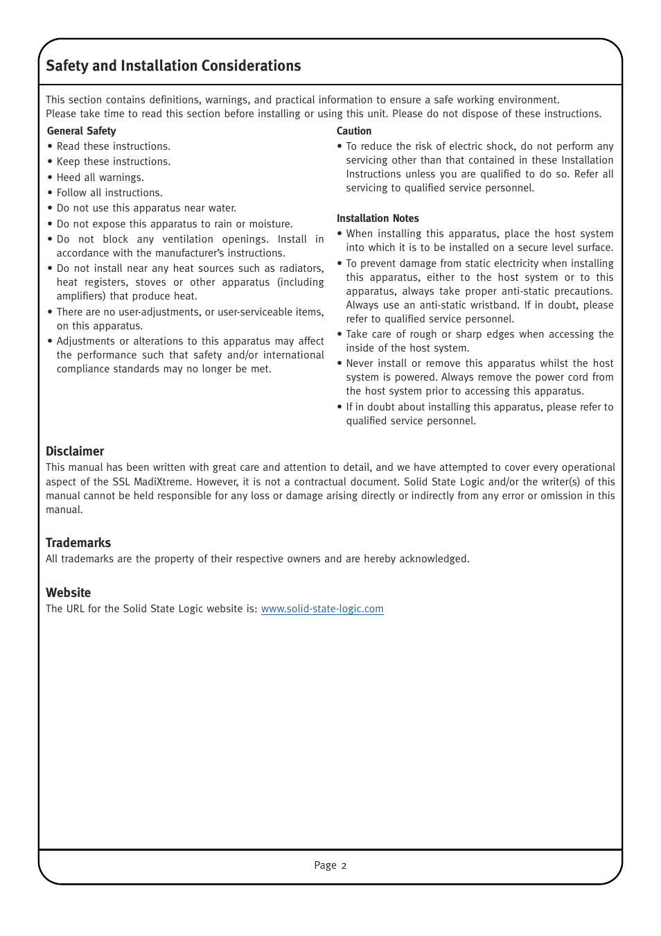 Safety and installation considerations, Disclaimer, Trademarks | Website | Solid State Logic Multichannel Digital Audio Interface MadiXtreme User Manual | Page 8 / 52