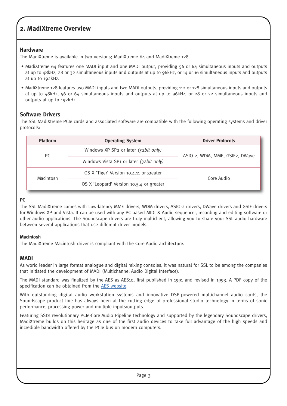 Madixtreme overview, Hardware, Software drivers | Macintosh, Madi | Solid State Logic Multichannel Digital Audio Interface MadiXtreme User Manual | Page 9 / 52
