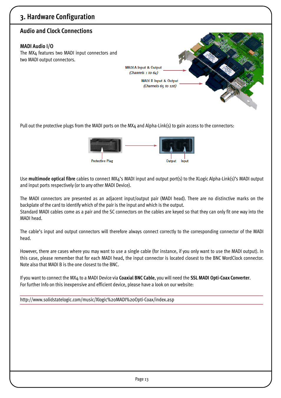 Hardware configuration, Audio and clock connections, Madi audio i/o | Solid State Logic MX4 User Manual | Page 13 / 26