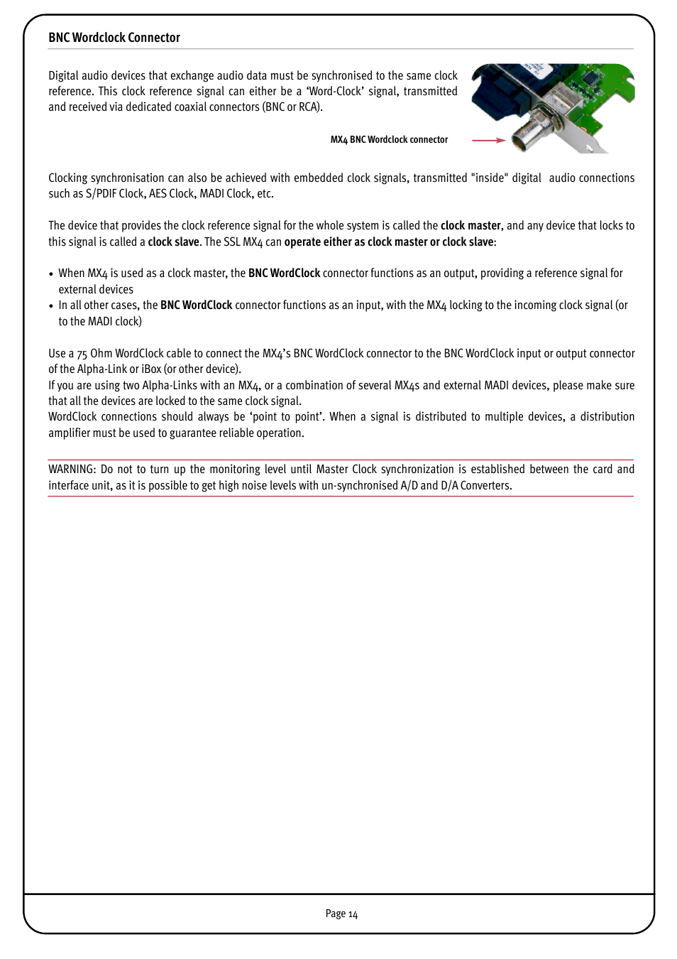 Bnc wordclock connector | Solid State Logic MX4 User Manual | Page 14 / 26