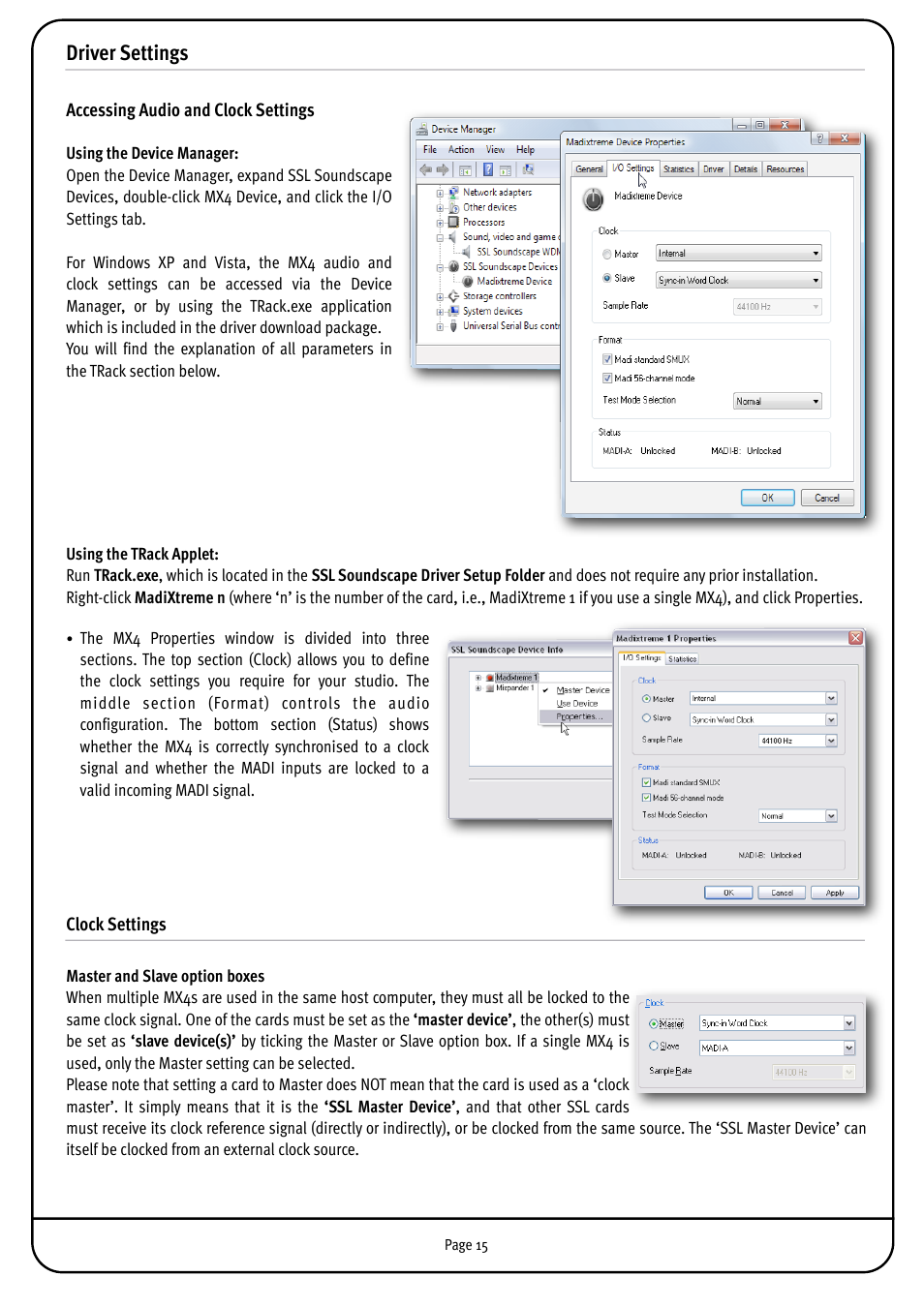 Driver settings, Accessing audio and clock settings, Clock settings | Solid State Logic MX4 User Manual | Page 15 / 26