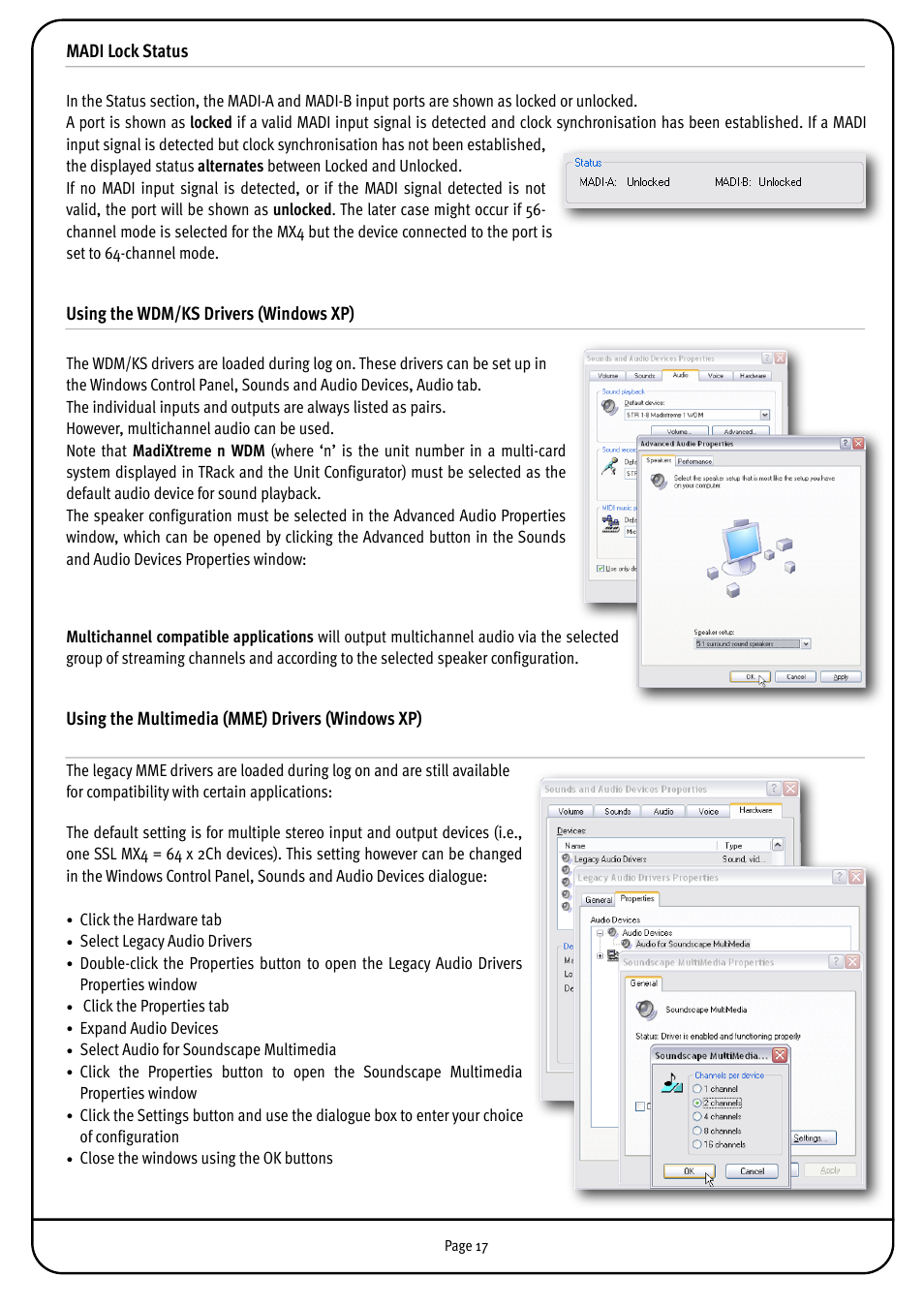 Madi lock status, Using the wdm/ks drivers (windows xp), Using the multimedia (mme) drivers (windows xp) | Solid State Logic MX4 User Manual | Page 17 / 26