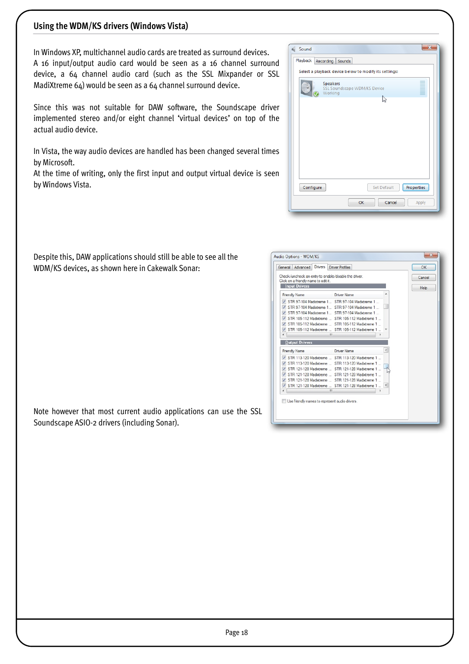 Using the wdm/ks drivers (windows vista) | Solid State Logic MX4 User Manual | Page 18 / 26