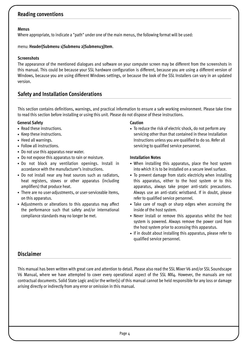 Reading conventions, Safety and installation considerations, Disclaimer | Solid State Logic MX4 User Manual | Page 4 / 26