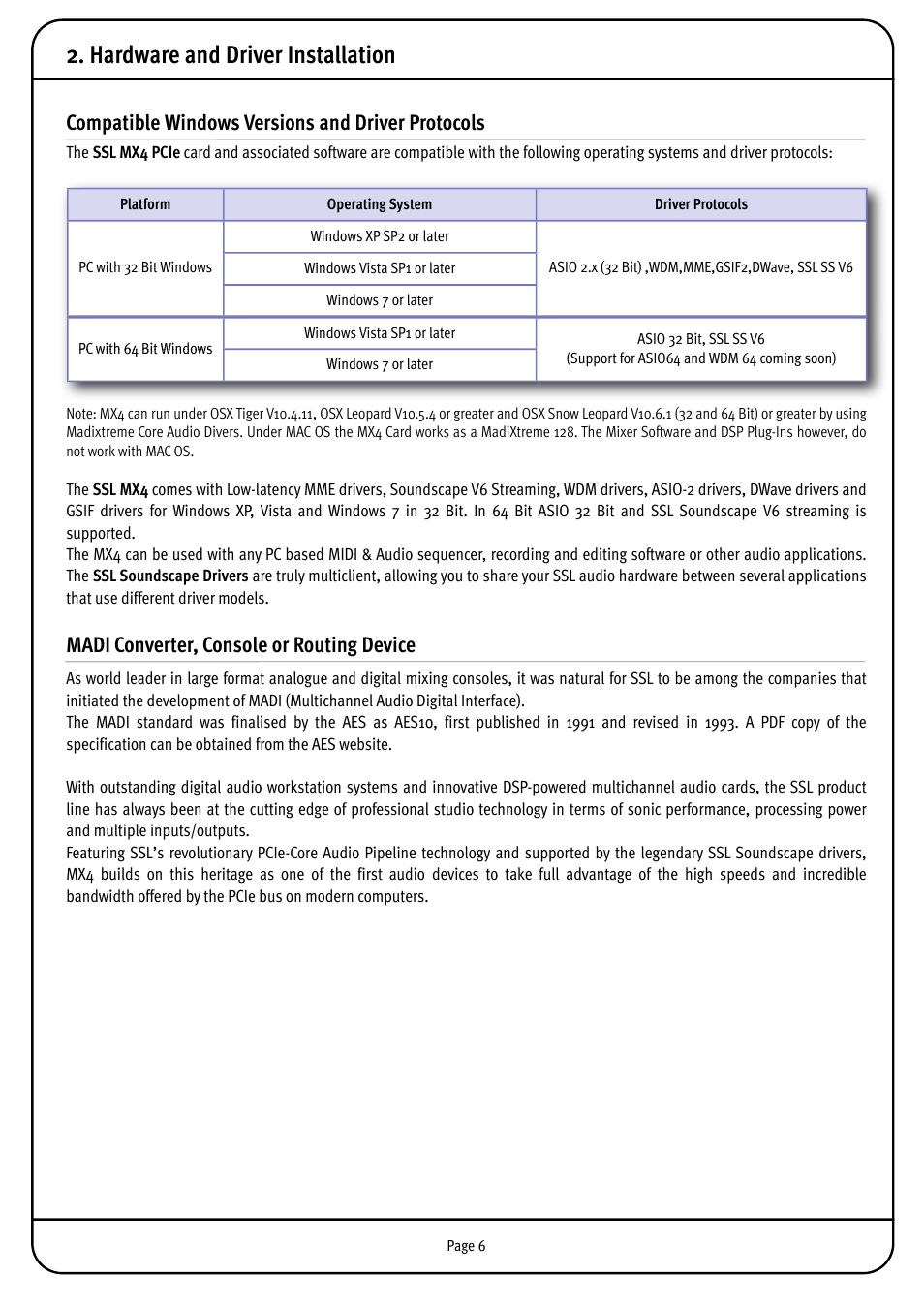 Hardware and driver installation, Compatible windows versions and driver protocols, Madi converter, console or routing device | Solid State Logic MX4 User Manual | Page 6 / 26