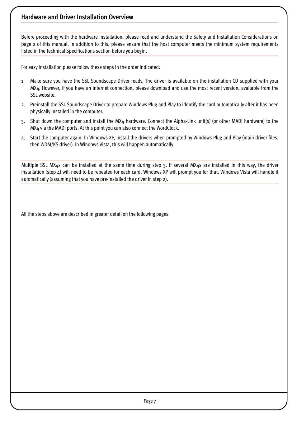 Hardware and driver installation overview | Solid State Logic MX4 User Manual | Page 7 / 26
