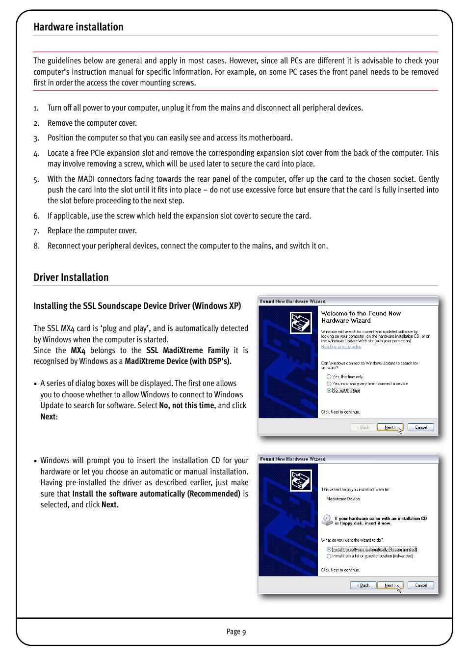 Hardware installation, Driver installation | Solid State Logic MX4 User Manual | Page 9 / 26