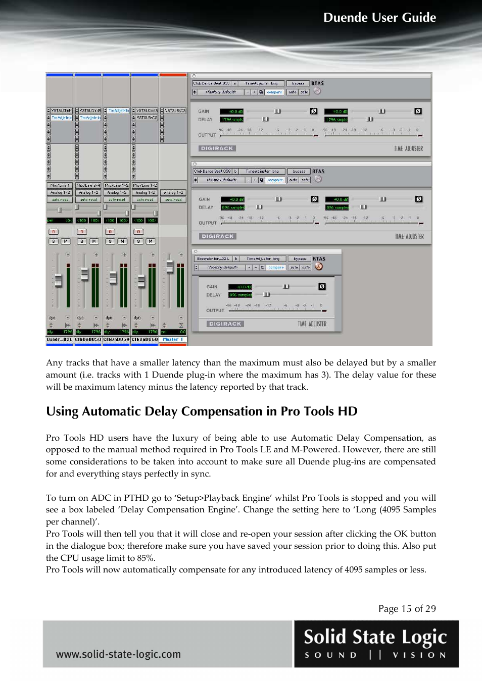 Duende user guide, Using automatic delay compensation in pro tools hd | Solid State Logic DUENDE User Manual | Page 15 / 29