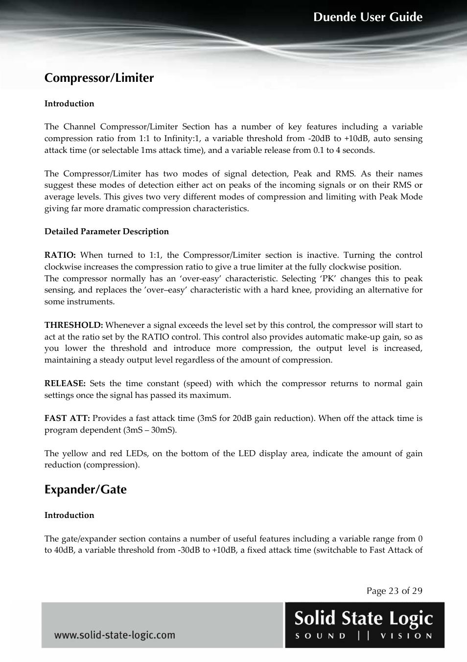 Duende user guide, Compressor/limiter, Expander/gate | Solid State Logic DUENDE User Manual | Page 23 / 29