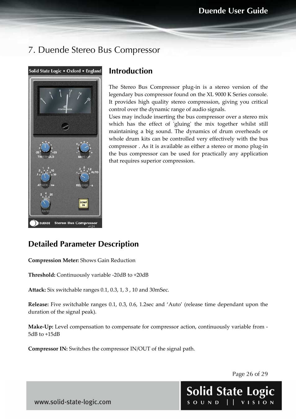 Duende stereo bus compressor, Duende user guide, Introduction | Detailed parameter description | Solid State Logic DUENDE User Manual | Page 26 / 29