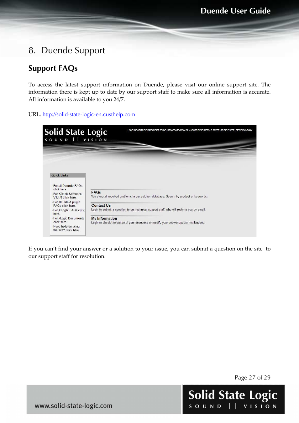 Duende support, Duende user guide, Support faqs | Solid State Logic DUENDE User Manual | Page 27 / 29