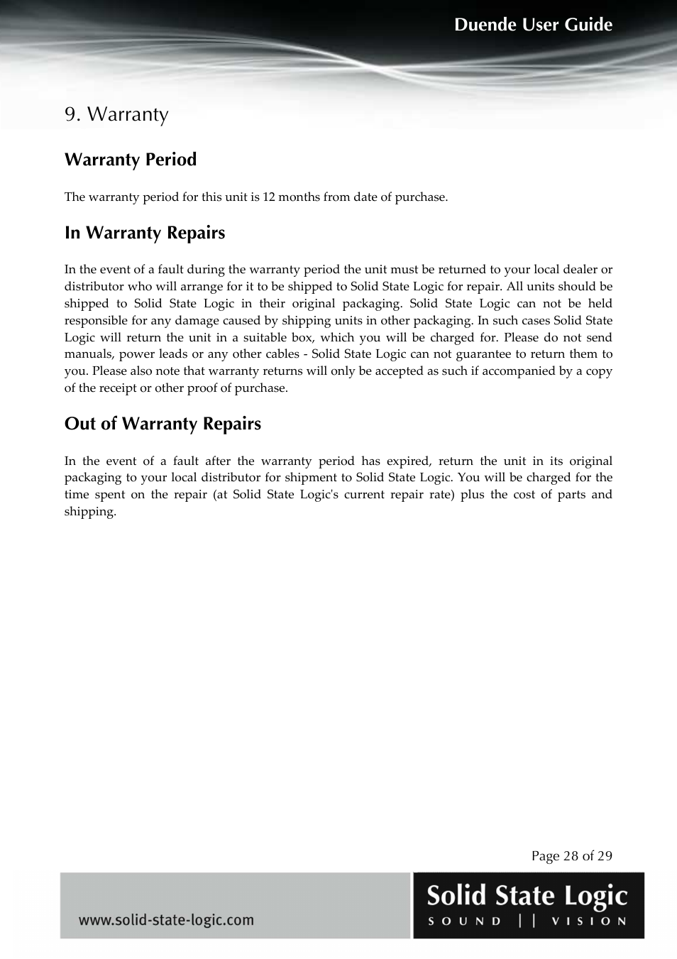 Warranty, Duende user guide, Warranty period | Out of warranty repairs | Solid State Logic DUENDE User Manual | Page 28 / 29