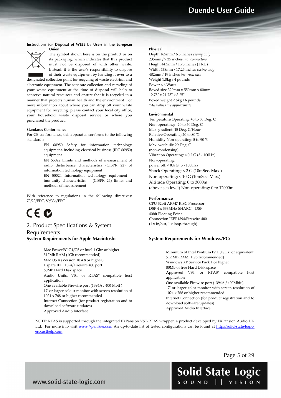 Duende user guide, Page 5 of 29, Product specifications & system requirements | Solid State Logic DUENDE User Manual | Page 5 / 29