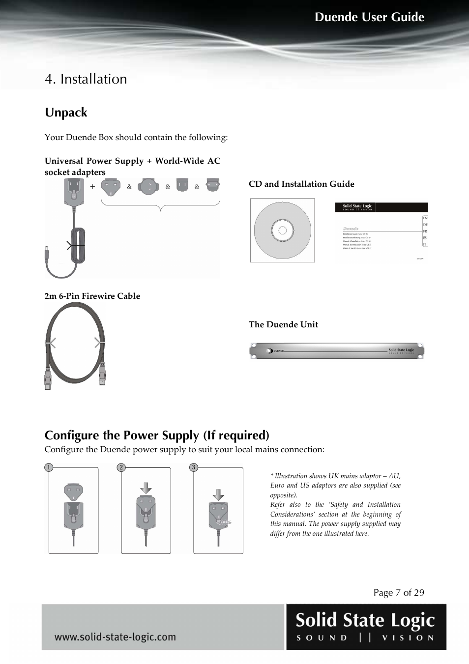 Installation, Duende user guide, Unpack | Configure the power supply (if required) | Solid State Logic DUENDE User Manual | Page 7 / 29