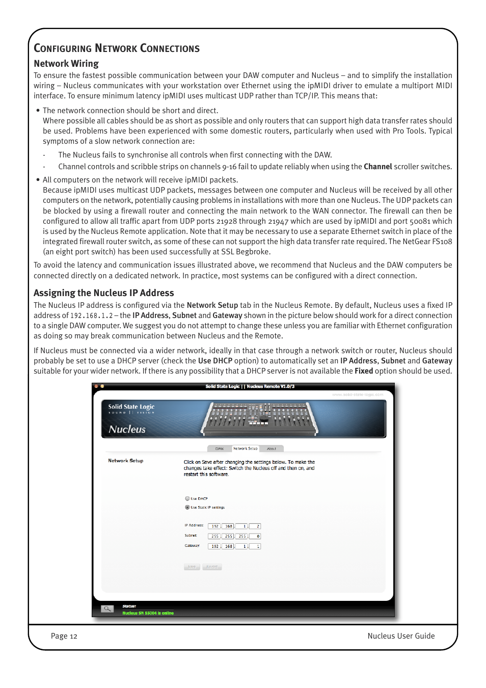 Configuring network connections, Network wiring, Assigning the nucleus ip address | Solid State Logic 82BN0M01B User Manual | Page 16 / 52