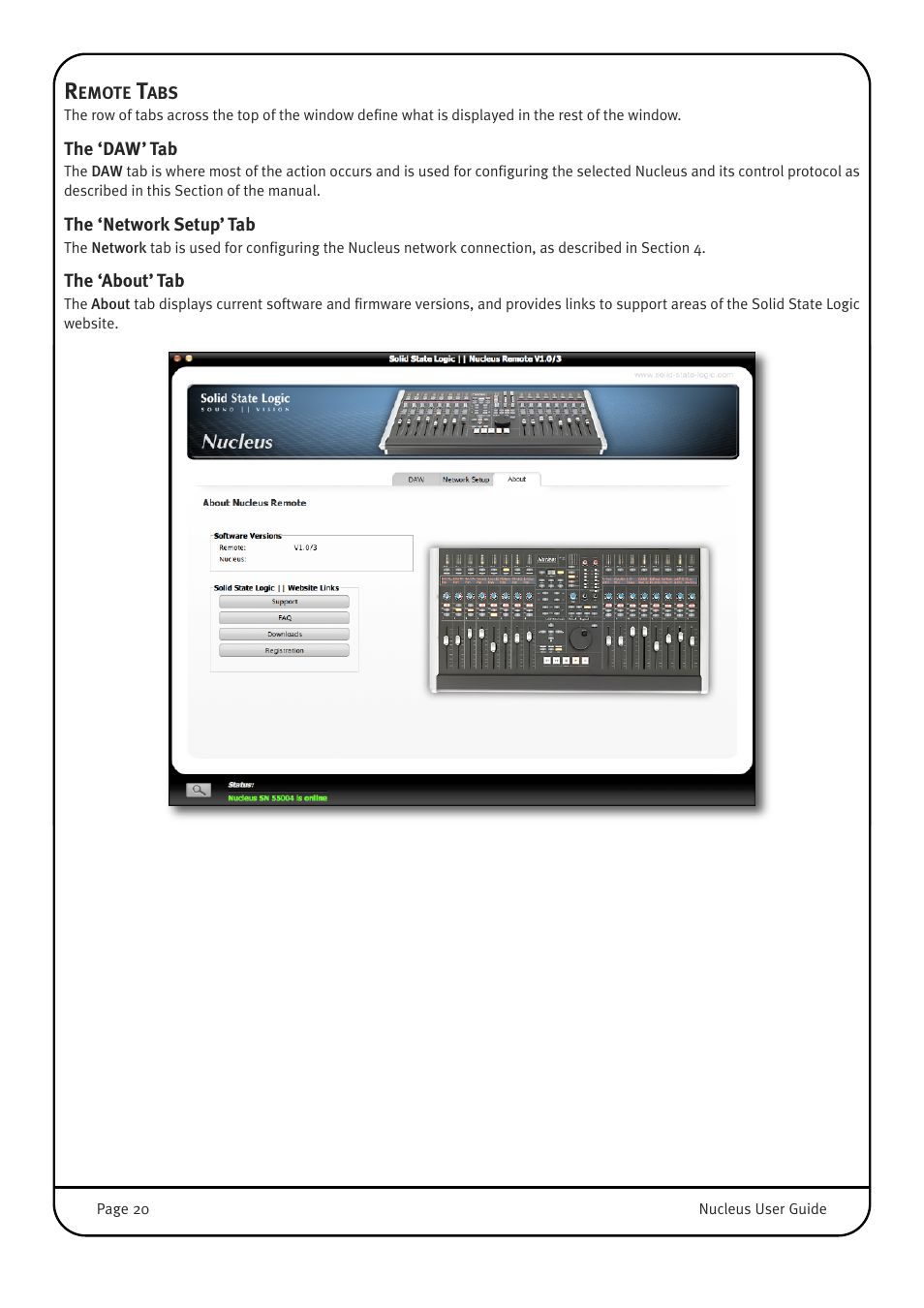 Remote tabs, The ‘daw’ tab, The ‘network setup’ tab | The ‘about’ tab | Solid State Logic 82BN0M01B User Manual | Page 24 / 52