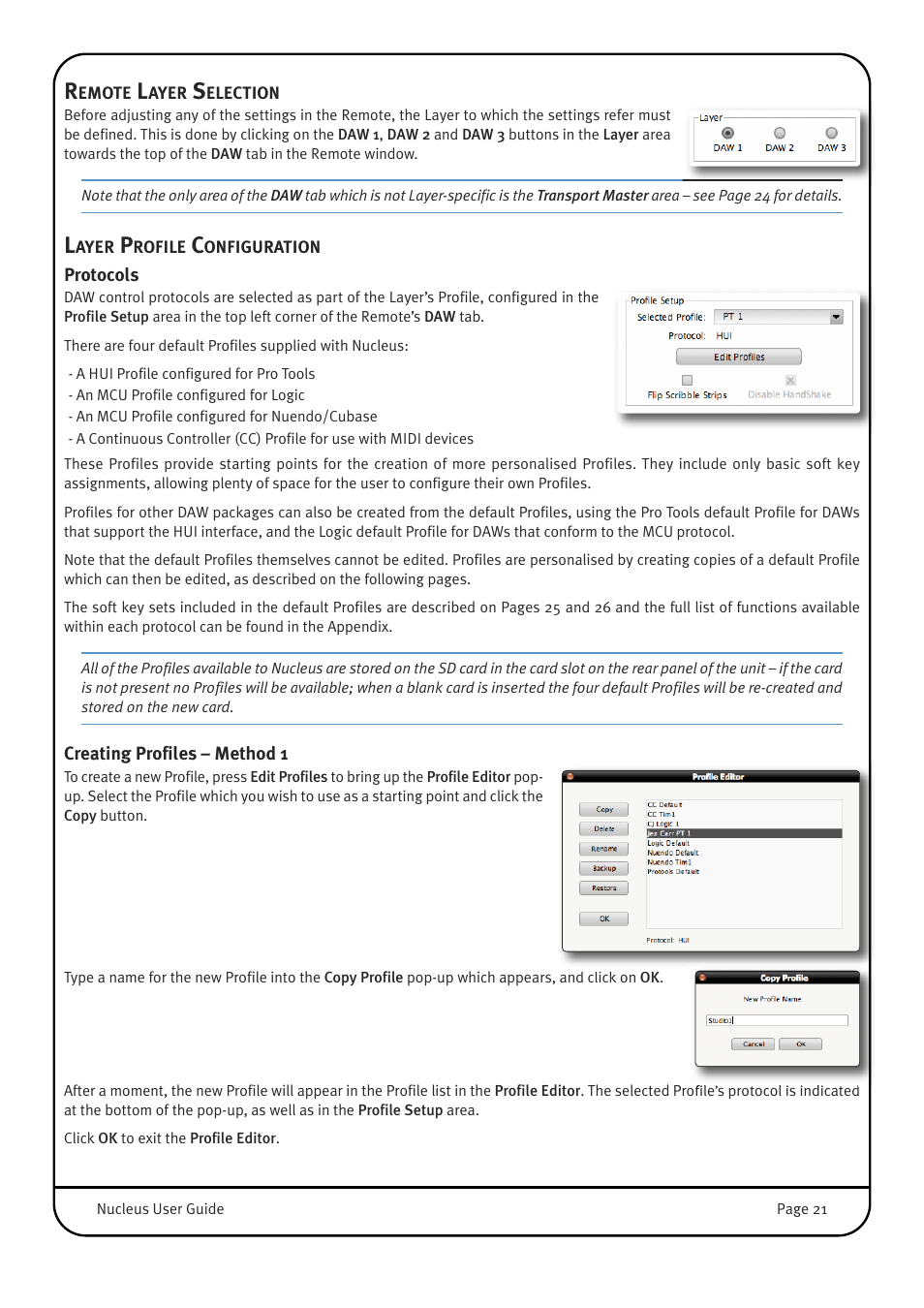 Remote layer selection, Layer profile configuration, Protocols | Creating profiles – method 1 | Solid State Logic 82BN0M01B User Manual | Page 25 / 52