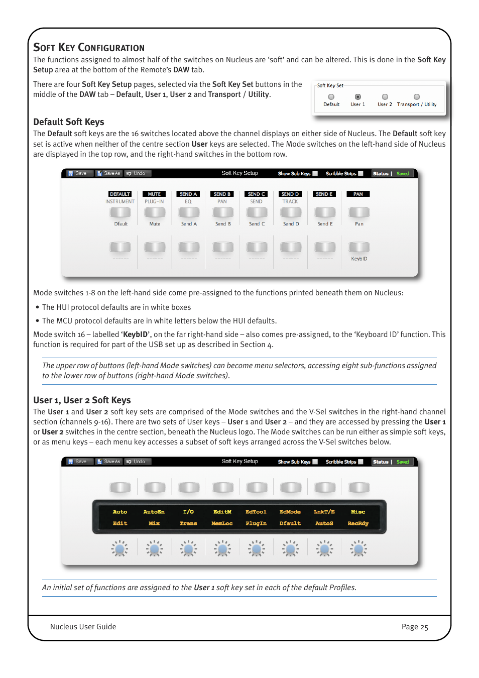 Soft key configuration, Default soft keys, User 1, user 2 soft keys | Solid State Logic 82BN0M01B User Manual | Page 29 / 52