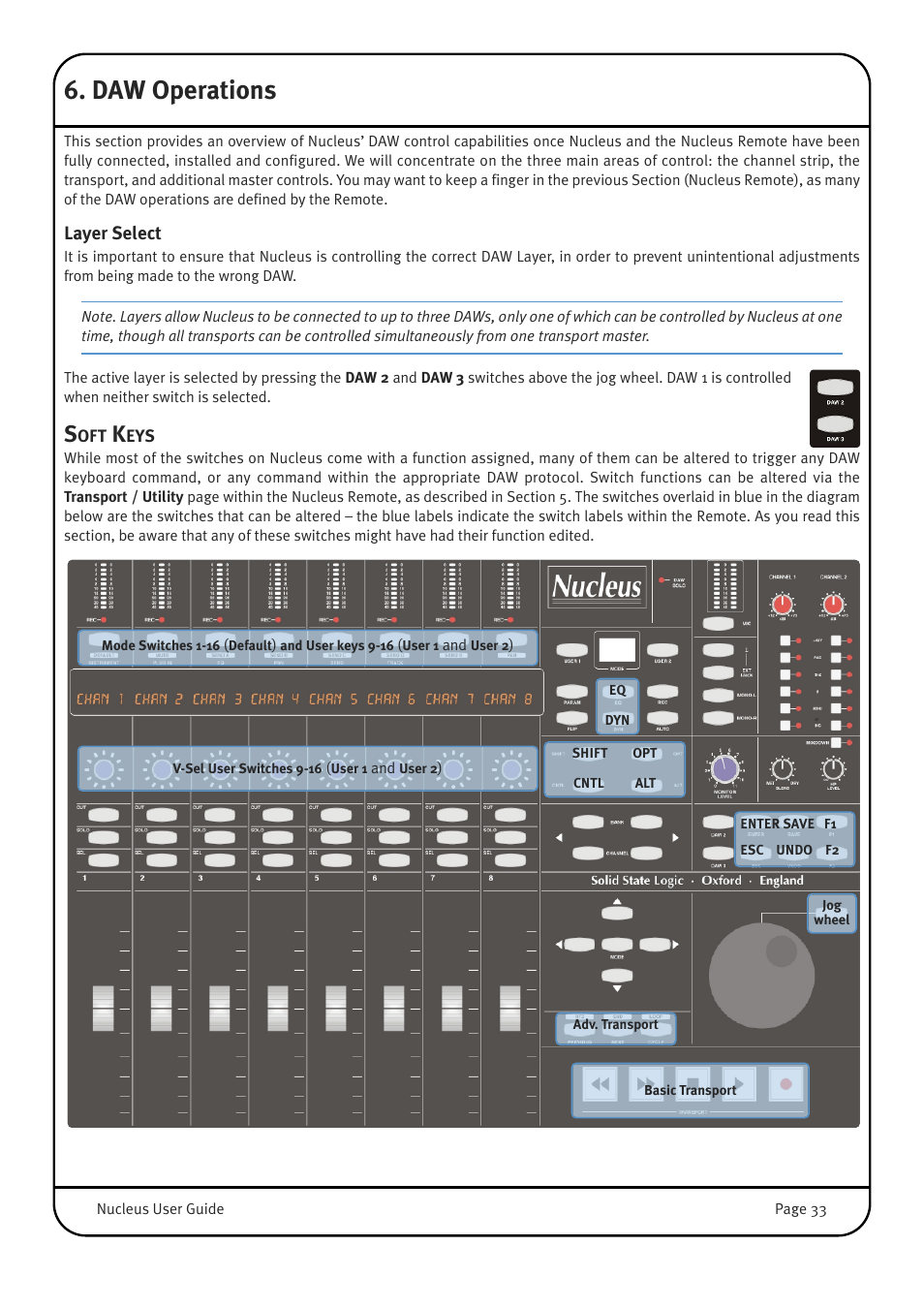 Daw operations, Layer select, Soft keys | Solid State Logic 82BN0M01B User Manual | Page 37 / 52