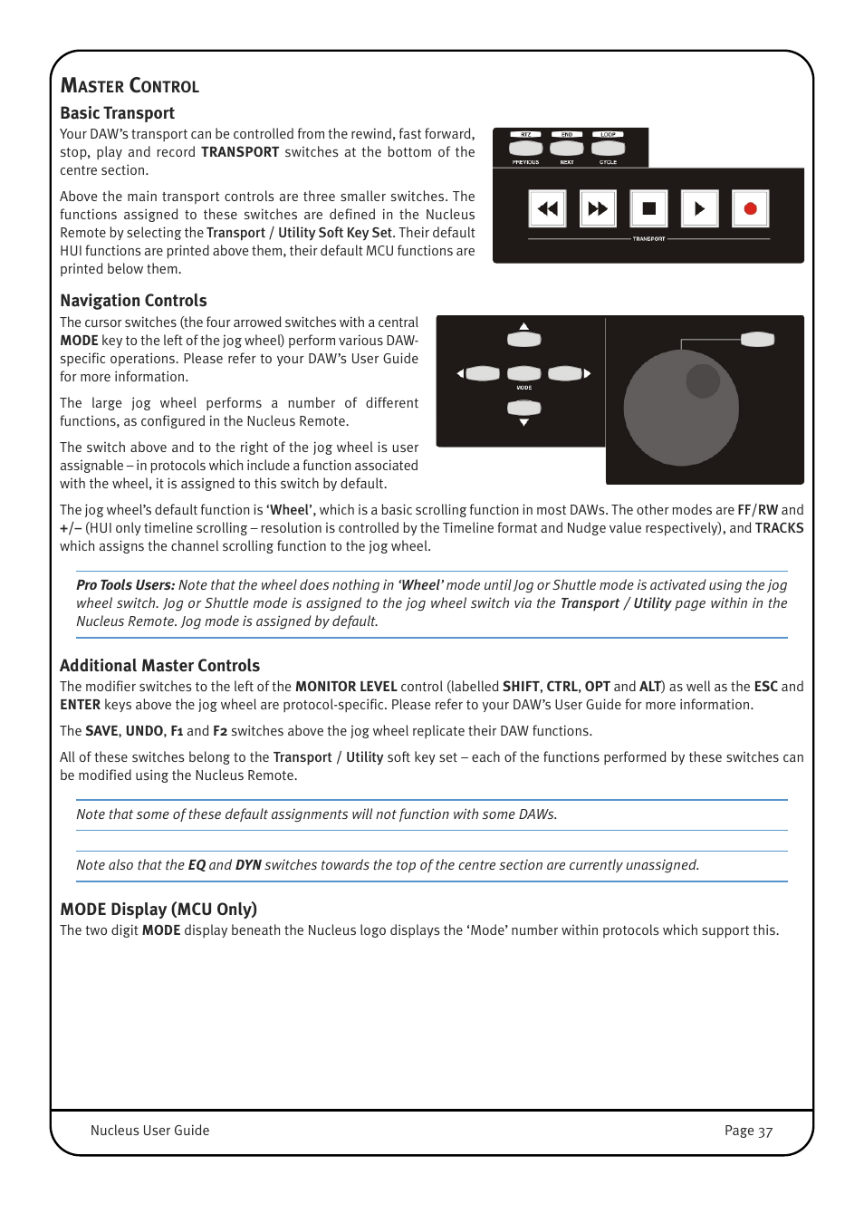 Master control, Basic transport, Navigation controls | Additional master controls, Mode display (mcu only) | Solid State Logic 82BN0M01B User Manual | Page 41 / 52