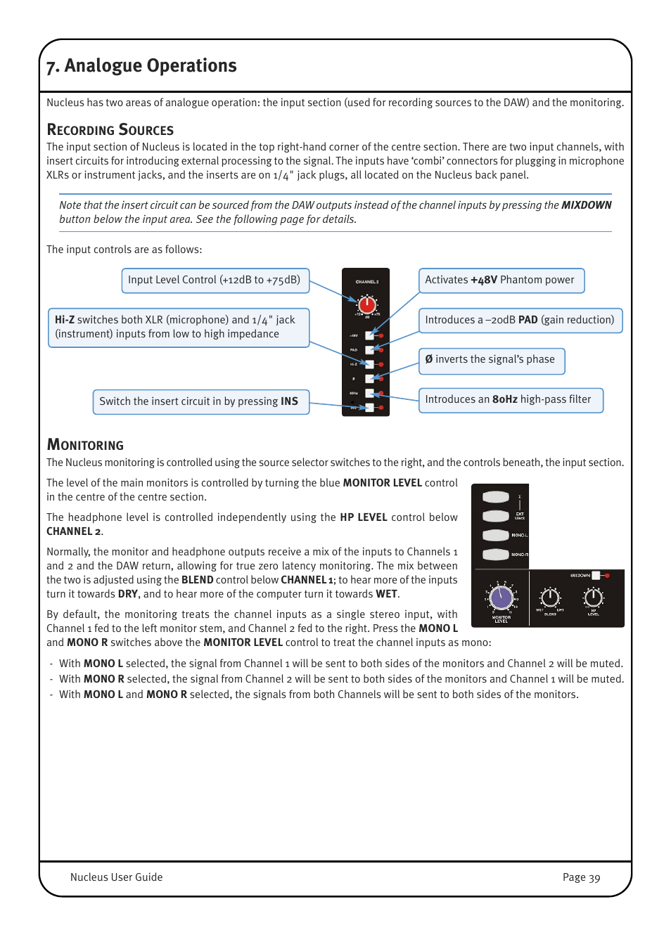 Analogue operations, Recording sources, Monitoring | Solid State Logic 82BN0M01B User Manual | Page 43 / 52