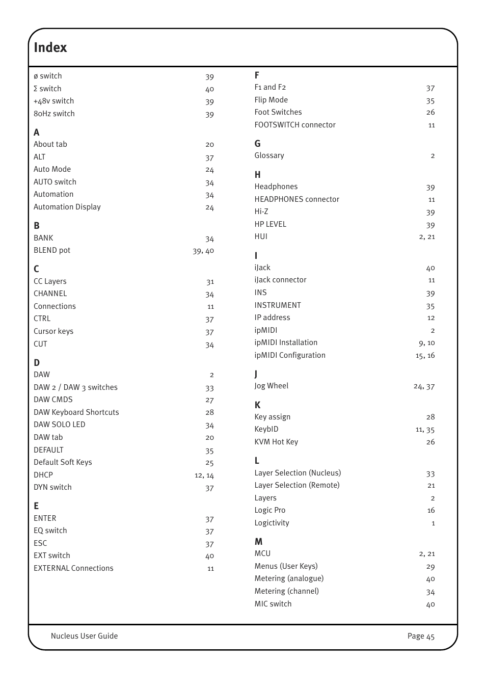 Index | Solid State Logic 82BN0M01B User Manual | Page 49 / 52