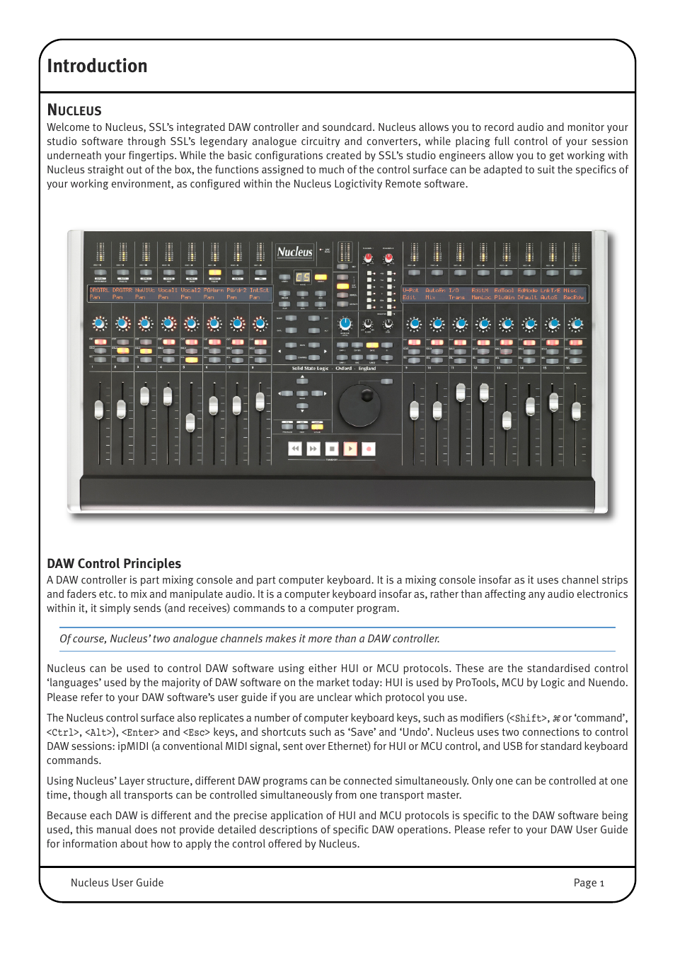 Introduction, Nucleus, Daw control principles | Solid State Logic 82BN0M01B User Manual | Page 5 / 52