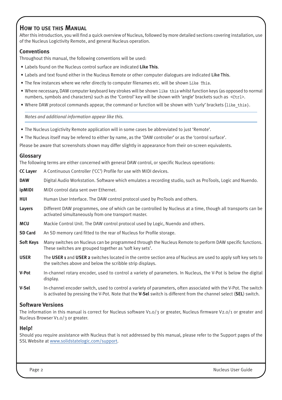 How to use this manual, Conventions, Glossary | Software versions, Help | Solid State Logic 82BN0M01B User Manual | Page 6 / 52
