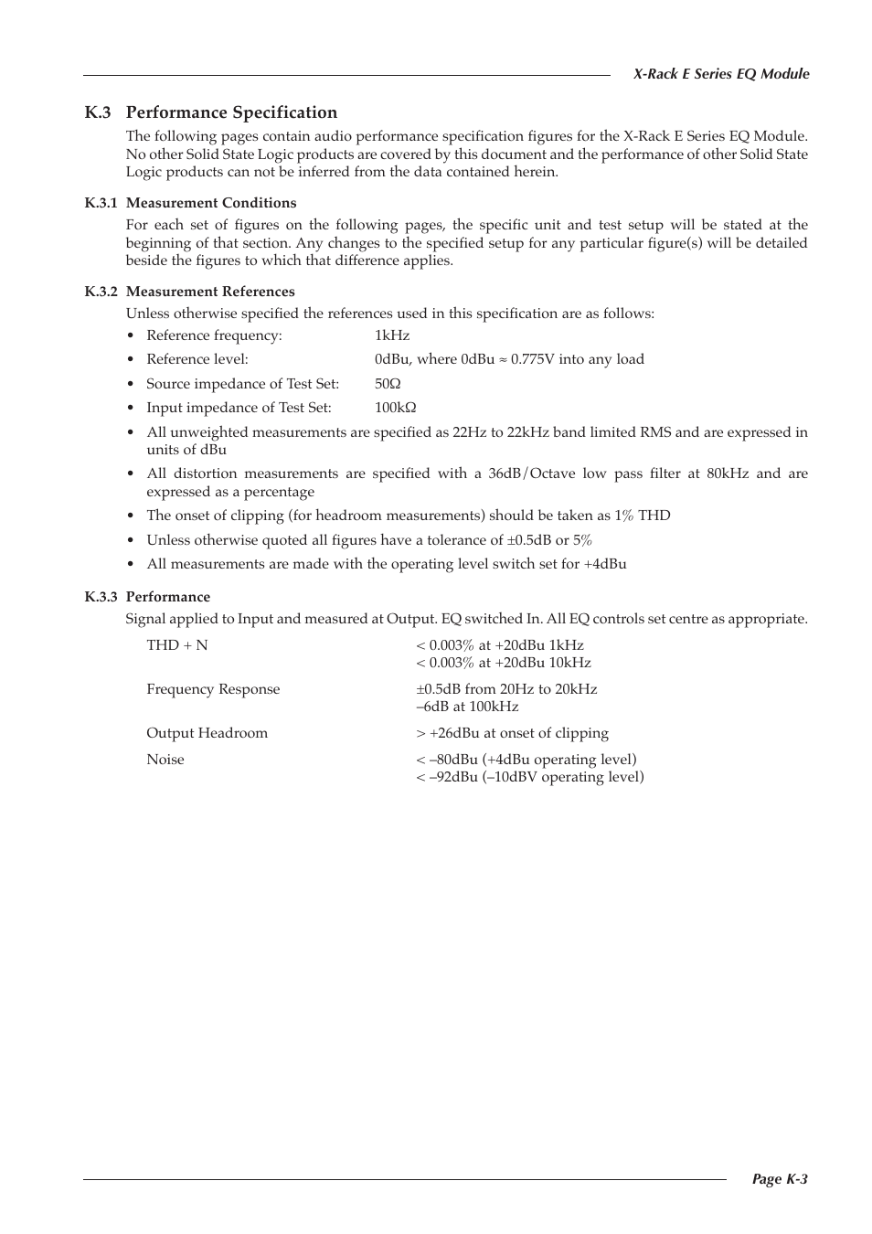 K.3 performance specification | Solid State Logic Super-Analogue Outboard X-Rack E Series User Manual | Page 5 / 10