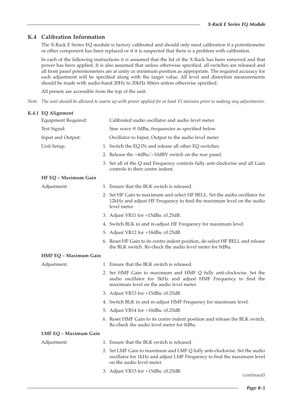 K.4 calibration information | Solid State Logic Super-Analogue Outboard X-Rack E Series User Manual | Page 7 / 10