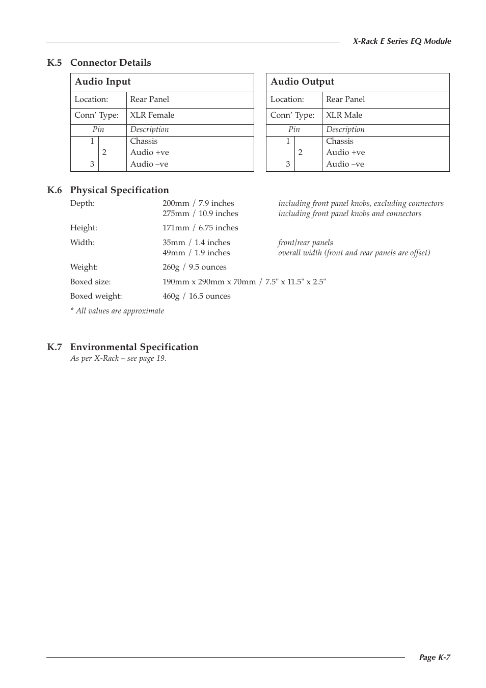 K.5 connector details, K.6 physical specification, K.7 environmental specification | Solid State Logic Super-Analogue Outboard X-Rack E Series User Manual | Page 9 / 10