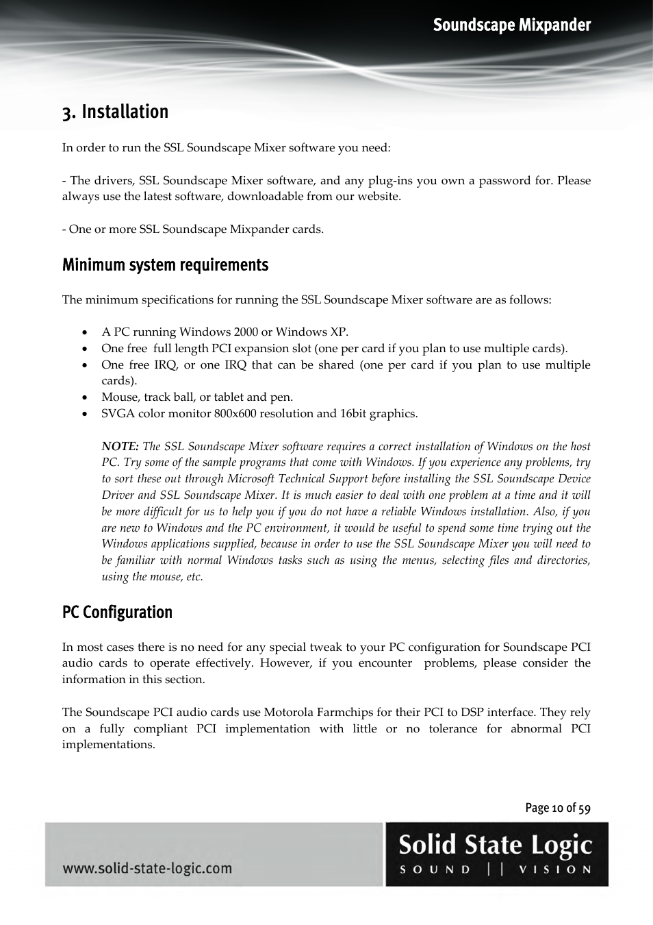 Installation, Soundscape mixpander, Minimum system requirements | Pc configuration | Solid State Logic 4.3 User Manual | Page 10 / 59