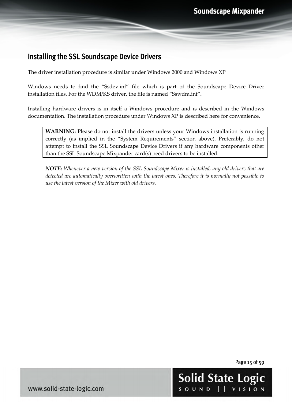 Soundscape mixpander, Installing the ssl soundscape device drivers | Solid State Logic 4.3 User Manual | Page 15 / 59