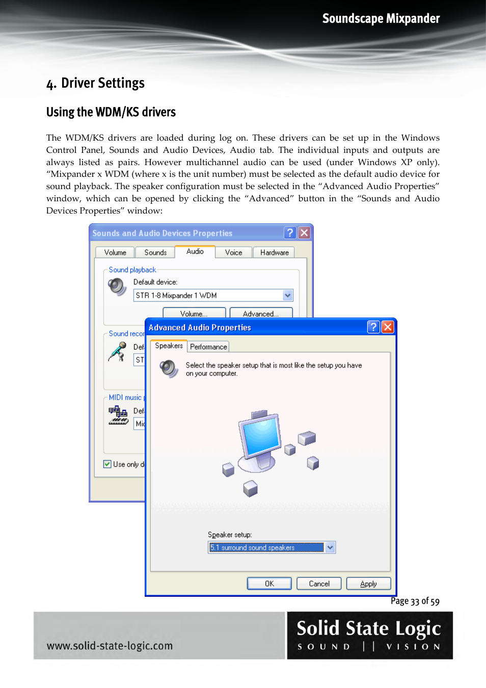 Driver settings, Soundscape mixpander, Using the wdm/ks drivers | Solid State Logic 4.3 User Manual | Page 33 / 59