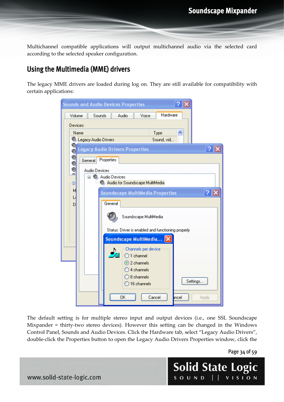 Soundscape mixpander, Using the multimedia (mme) drivers | Solid State Logic 4.3 User Manual | Page 34 / 59