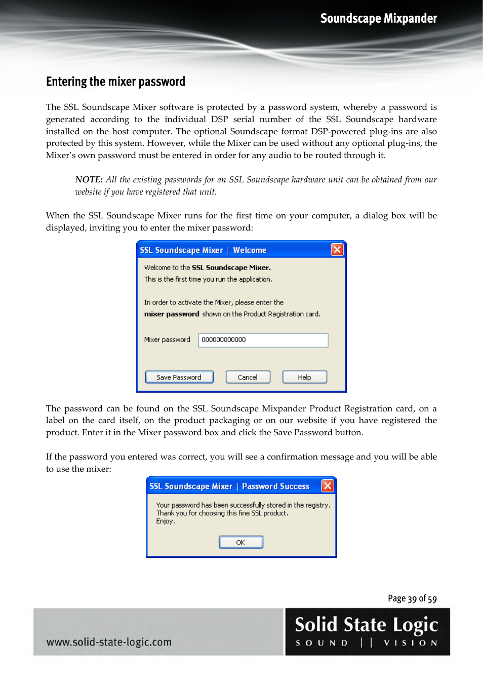 Soundscape mixpander, Entering the mixer password | Solid State Logic 4.3 User Manual | Page 39 / 59