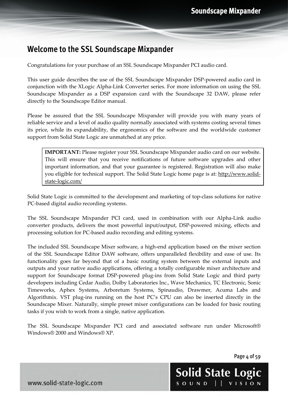 Welcome to the ssl soundscape mixpander, Soundscape mixpander | Solid State Logic 4.3 User Manual | Page 4 / 59