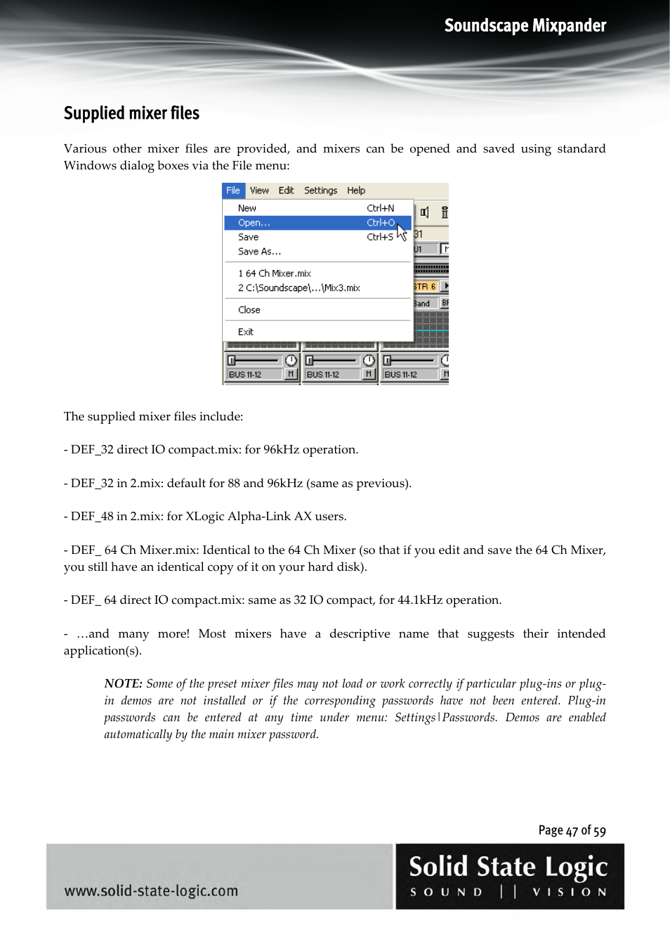 Soundscape mixpander, Supplied mixer files | Solid State Logic 4.3 User Manual | Page 47 / 59