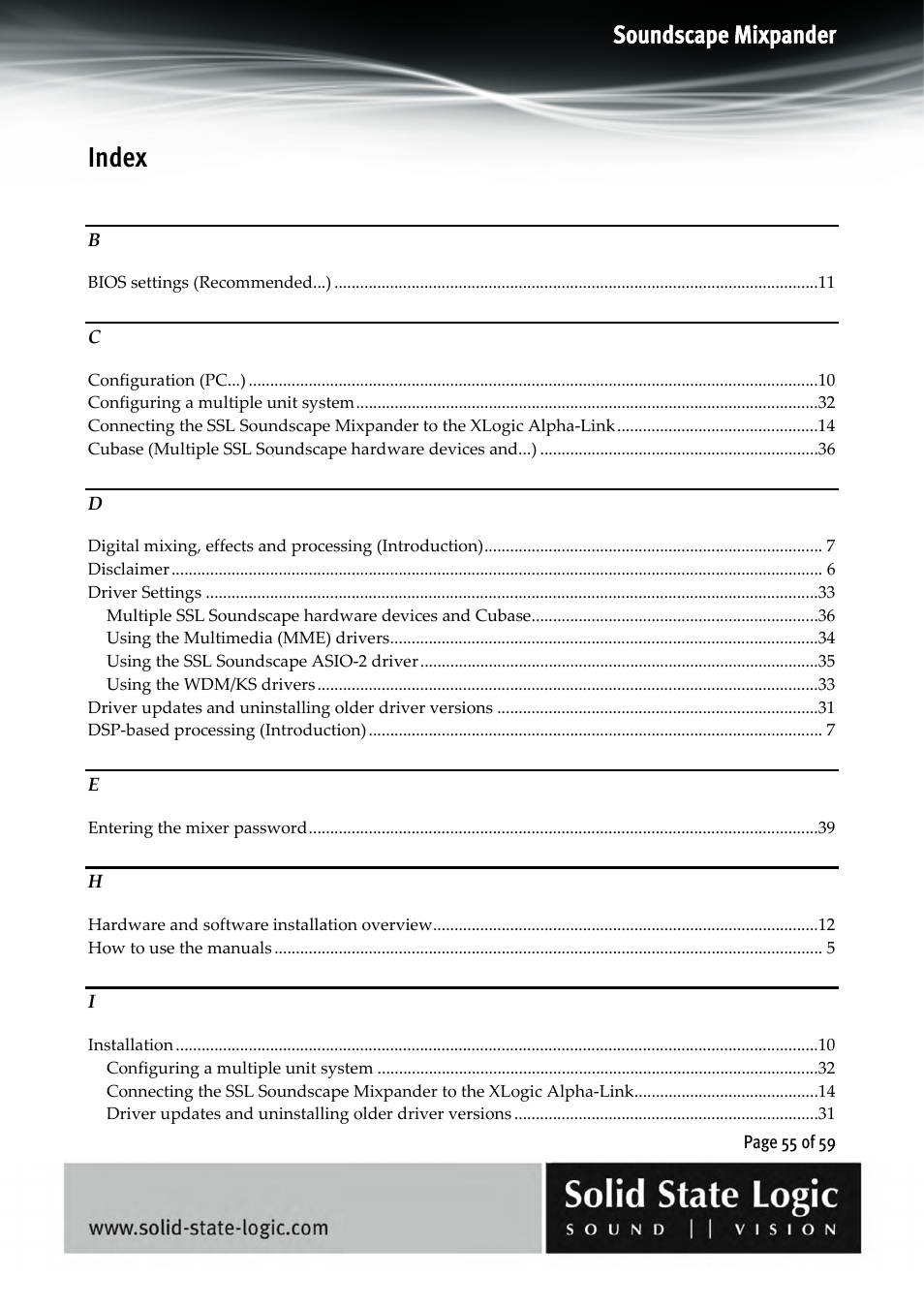 Index, Soundscape mixpander | Solid State Logic 4.3 User Manual | Page 55 / 59