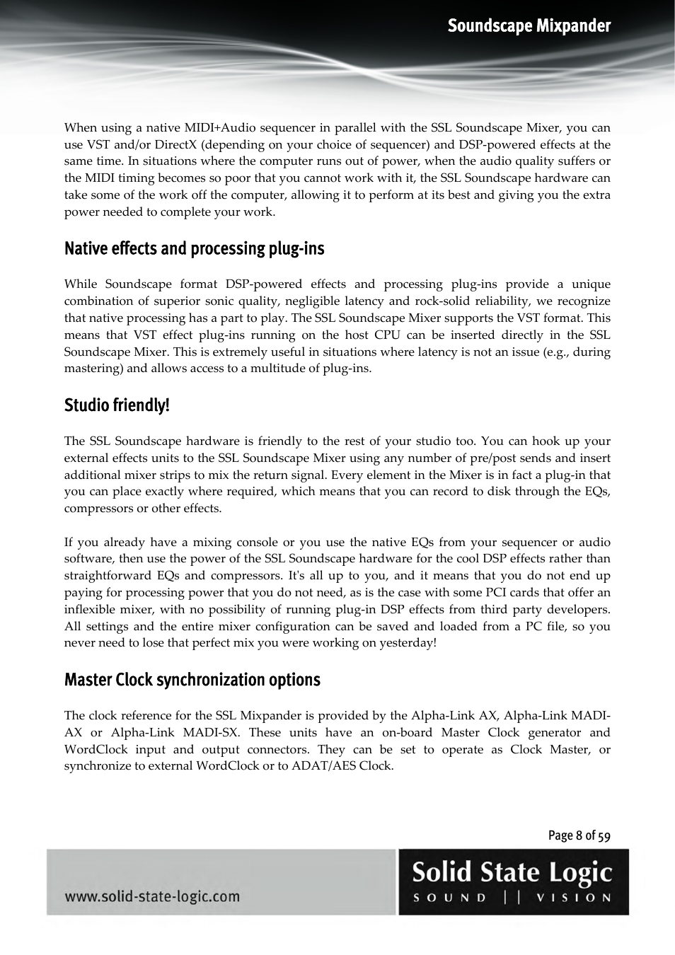 Soundscape mixpander, Native effects and processing plug-ins, Studio friendly | Master clock synchronization options | Solid State Logic 4.3 User Manual | Page 8 / 59