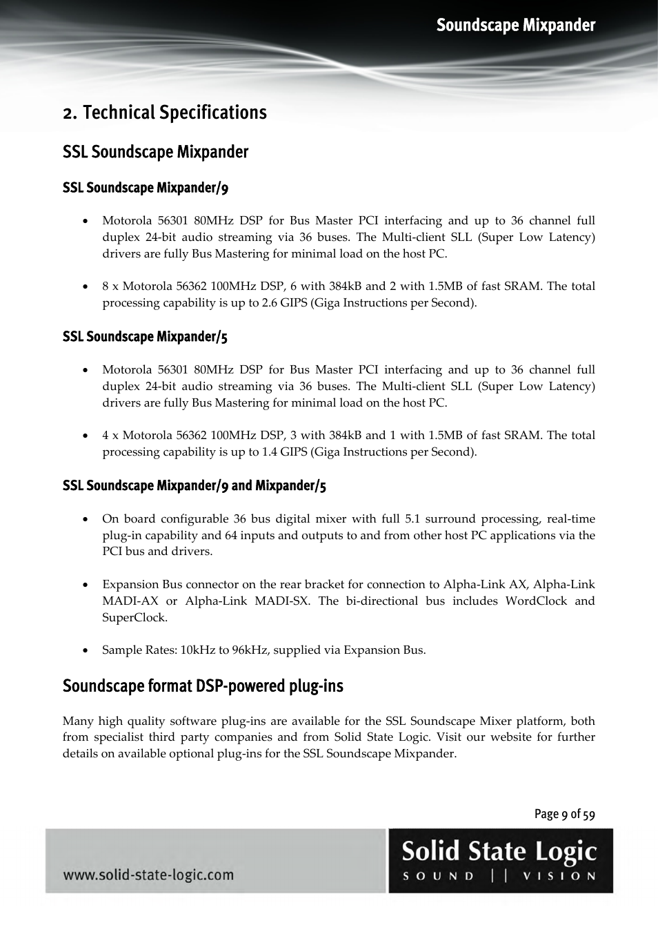Technical specifications, Soundscape mixpander, Ssl soundscape mixpander | Soundscape format dsp-powered plug-ins | Solid State Logic 4.3 User Manual | Page 9 / 59